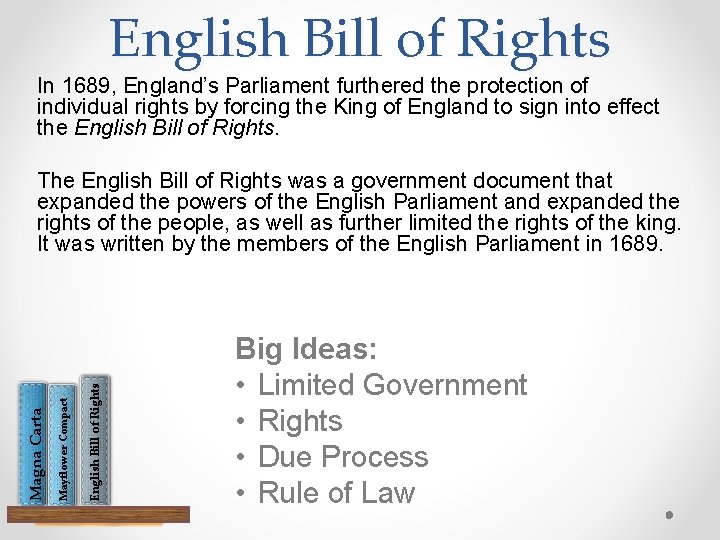 English Bill of Rights In 1689, England’s Parliament furthered the protection of individual rights