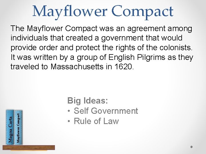 Mayflower Compact Magna Carta The Mayflower Compact was an agreement among individuals that created