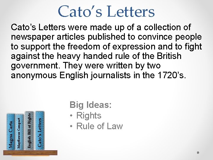 Cato’s Letters English Bill of Rights Mayflower Compact Magna Carta Cato’s Letters were made