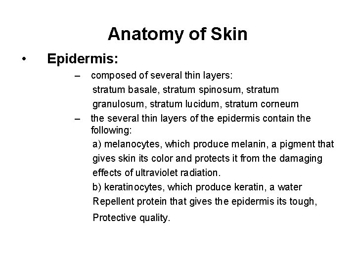 Anatomy of Skin • Epidermis: – – composed of several thin layers: stratum basale,