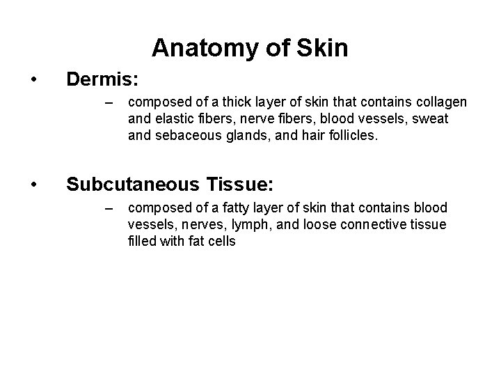 Anatomy of Skin • Dermis: – • composed of a thick layer of skin