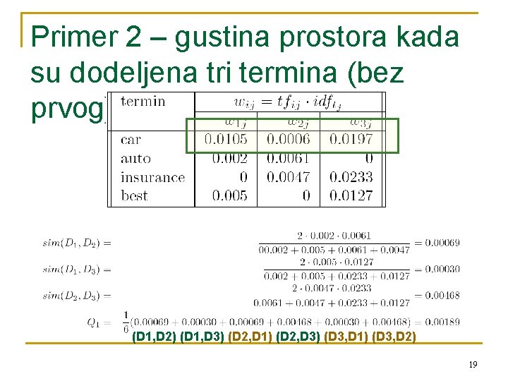 Primer 2 – gustina prostora kada su dodeljena tri termina (bez prvog) (D 1,