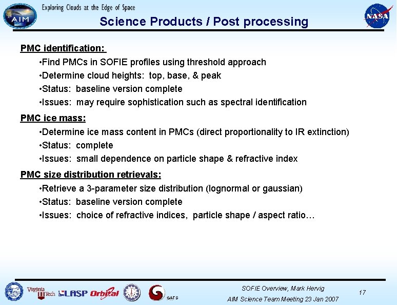 Science Products / Post processing PMC identification: • Find PMCs in SOFIE profiles using