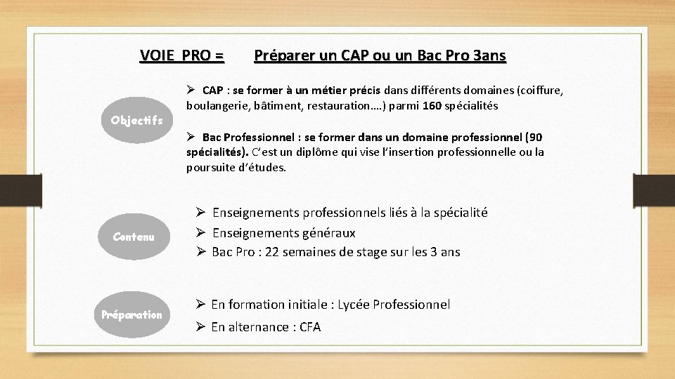 VOIE PRO = Objectifs Préparer un CAP ou un Bac Pro 3 ans CAP