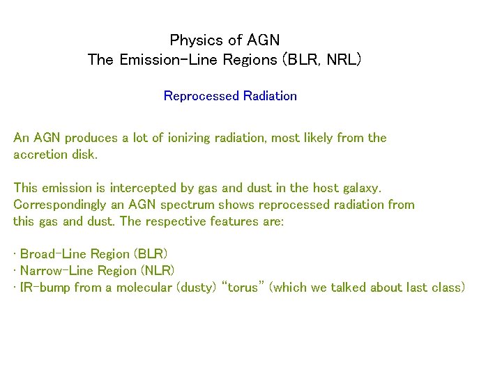 Physics of AGN The Emission-Line Regions (BLR, NRL) Reprocessed Radiation An AGN produces a