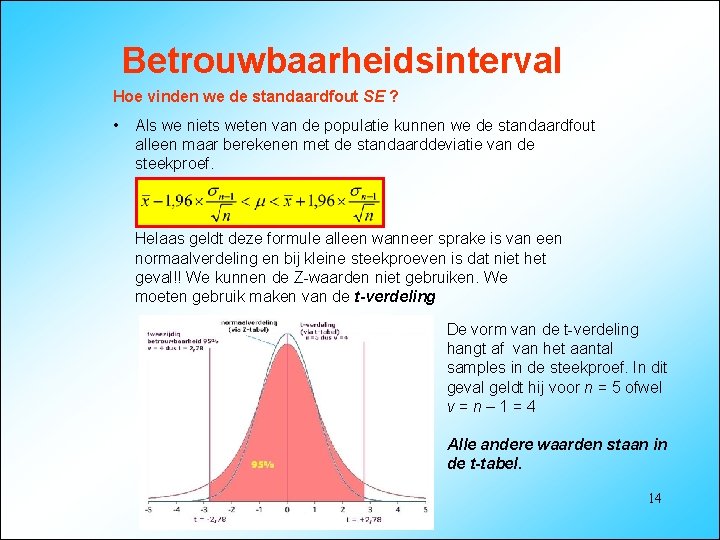 Betrouwbaarheidsinterval Hoe vinden we de standaardfout SE ? • Als we niets weten van