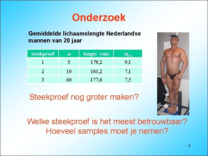 Onderzoek Gemiddelde lichaamslengte Nederlandse mannen van 20 jaar steekproef n lengte (cm) n-1 1