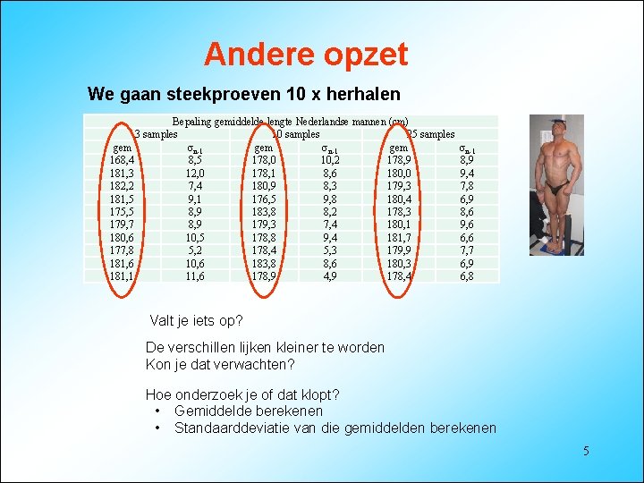 Andere opzet We gaan steekproeven 10 x herhalen Bepaling gemiddelde lengte Nederlandse mannen (cm)