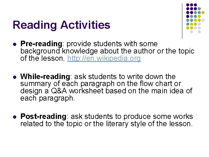 Pre Reading Example Teaching Activities for Listening Reading and Speaking by
