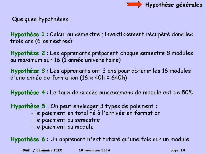 Hypothèse générales Quelques hypothèses : Hypothèse 1 : Calcul au semestre ; investissement récupéré
