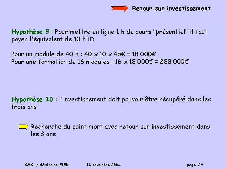 Retour sur investissement Hypothèse 9 : Pour mettre en ligne 1 h de cours