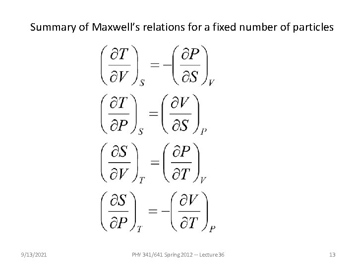 Summary of Maxwell’s relations for a fixed number of particles 9/13/2021 PHY 341/641 Spring