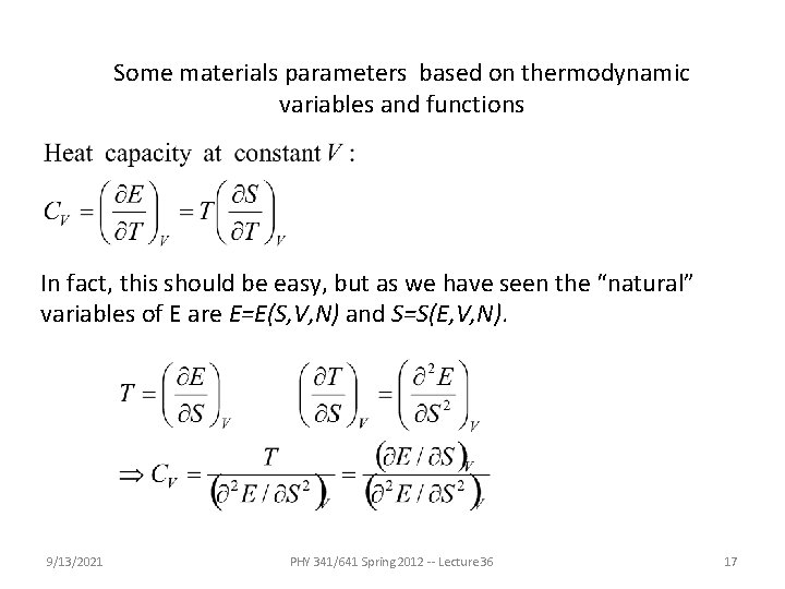 Some materials parameters based on thermodynamic variables and functions In fact, this should be