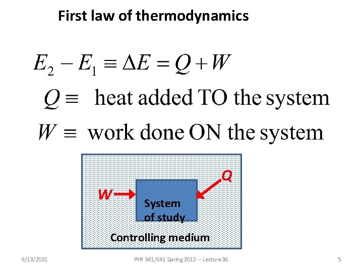 First law of thermodynamics W Q System of study Controlling medium 9/13/2021 PHY 341/641