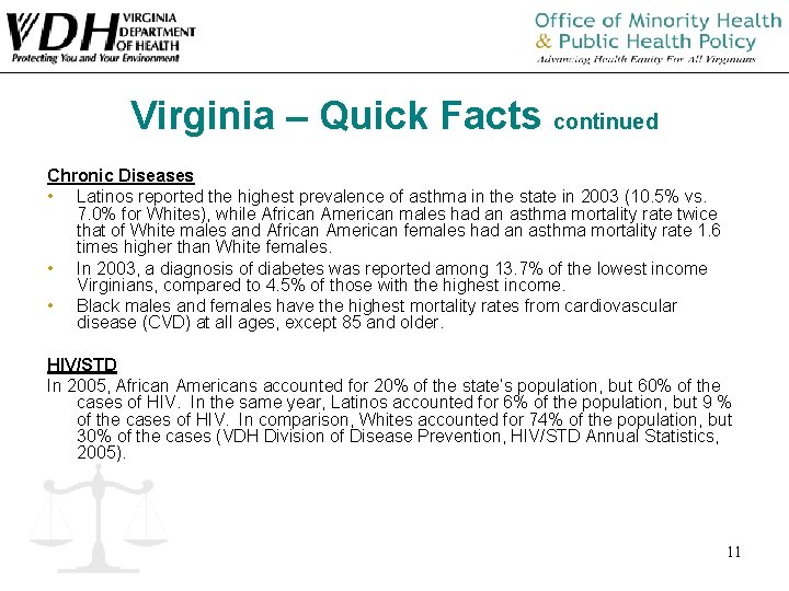 Virginia – Quick Facts continued Chronic Diseases • Latinos reported the highest prevalence of Virginia – Quick Facts continued Chronic Diseases • Latinos reported the highest prevalence of
