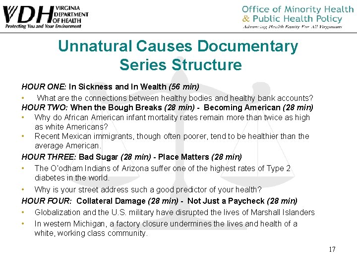 Unnatural Causes Documentary Series Structure HOUR ONE: In Sickness and In Wealth (56 min) Unnatural Causes Documentary Series Structure HOUR ONE: In Sickness and In Wealth (56 min)