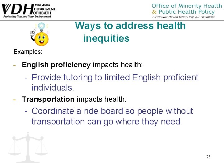 Ways to address health inequities Examples: - English proficiency impacts health: - Provide tutoring Ways to address health inequities Examples: - English proficiency impacts health: - Provide tutoring