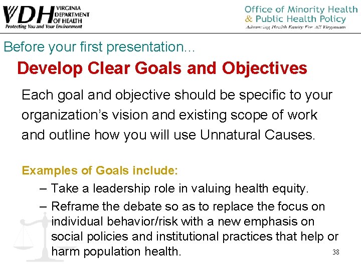 Before your first presentation… Develop Clear Goals and Objectives Each goal and objective should Before your first presentation… Develop Clear Goals and Objectives Each goal and objective should