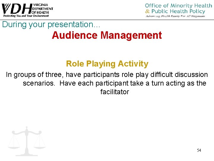 During your presentation… Audience Management Role Playing Activity In groups of three, have participants During your presentation… Audience Management Role Playing Activity In groups of three, have participants