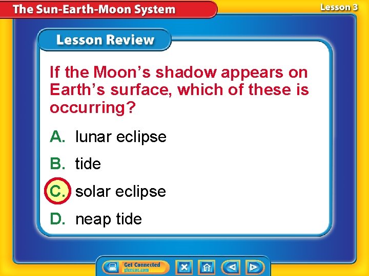 If the Moon’s shadow appears on Earth’s surface, which of these is occurring? A. If the Moon’s shadow appears on Earth’s surface, which of these is occurring? A.