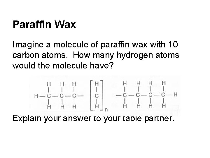 Paraffin Wax Imagine a molecule of paraffin wax with 10 carbon atoms. How many