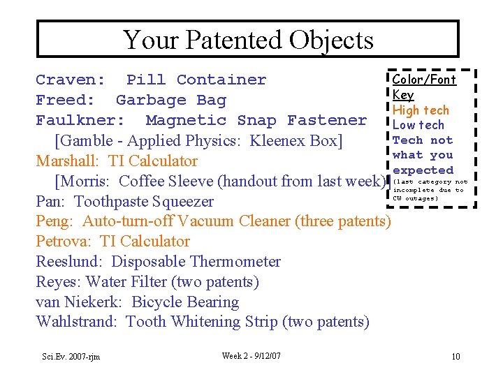 Your Patented Objects Color/Font Craven: Pill Container Key Freed: Garbage Bag High tech Faulkner: