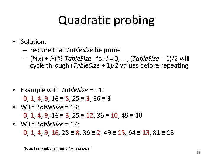 Quadratic probing • Solution: – require that Table. Size be prime – (h(x) +