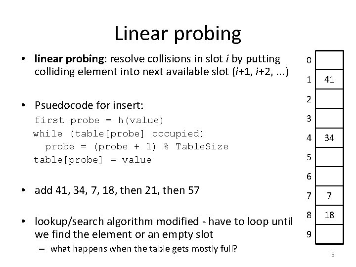 Linear probing • linear probing: resolve collisions in slot i by putting colliding element