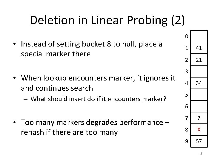 Deletion in Linear Probing (2) • Instead of setting bucket 8 to null, place