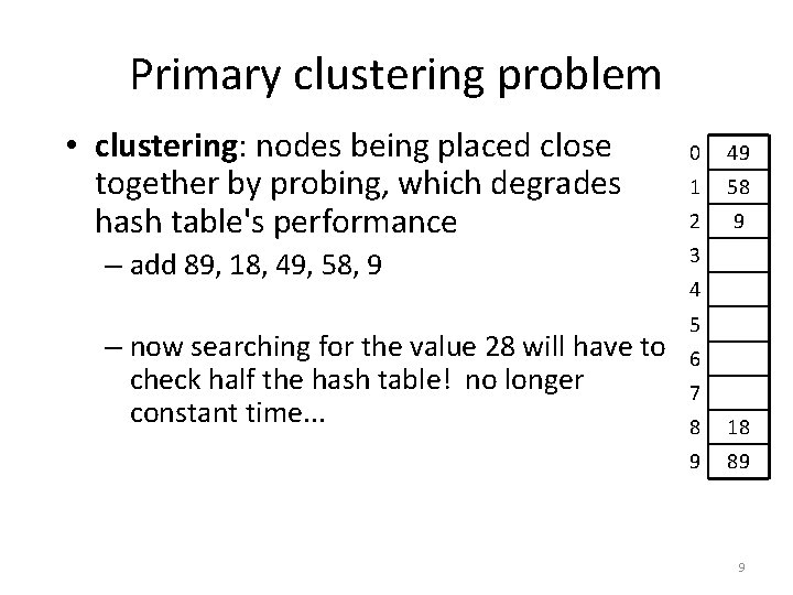 Primary clustering problem • clustering: nodes being placed close together by probing, which degrades