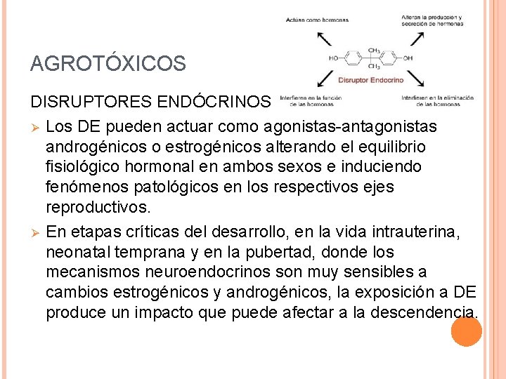 AGROTÓXICOS DISRUPTORES ENDÓCRINOS Ø Los DE pueden actuar como agonistas-antagonistas androgénicos o estrogénicos alterando