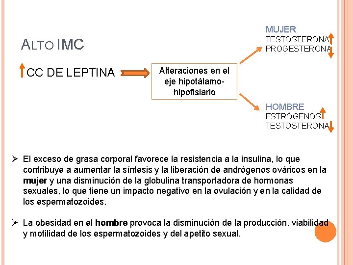 MUJER TESTOSTERONA PROGESTERONA ALTO IMC CC DE LEPTINA Alteraciones en el eje hipotálamohipofisiario HOMBRE