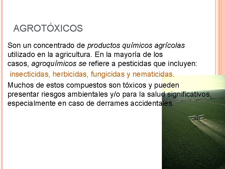 AGROTÓXICOS Son un concentrado de productos químicos agrícolas utilizado en la agricultura. En la