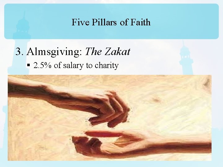 Five Pillars of Faith 3. Almsgiving: The Zakat § 2. 5% of salary to