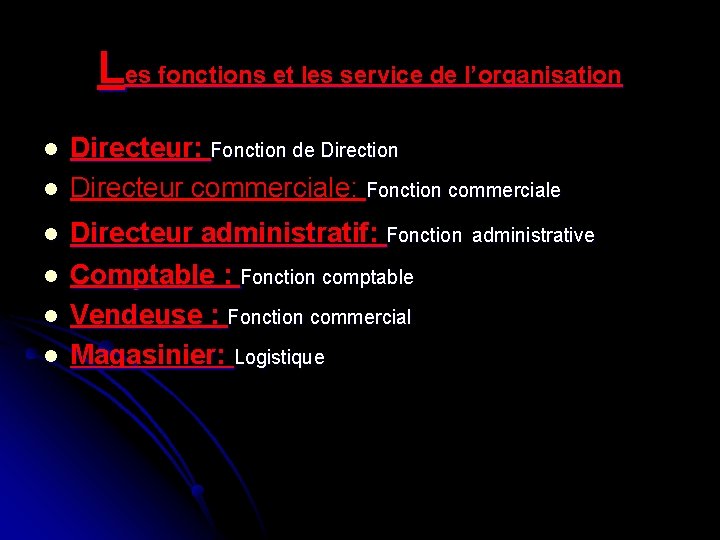 Les fonctions et les service de l’organisation l l l Directeur: Fonction de Direction