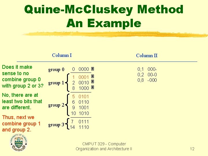 Quine-Mc. Cluskey Method An Example Column I Does it make group 0 sense to