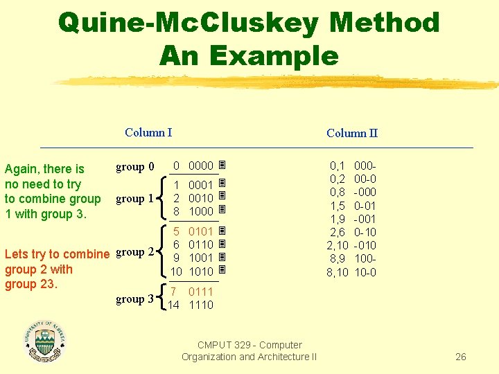 Quine-Mc. Cluskey Method An Example Column I Again, there is no need to try