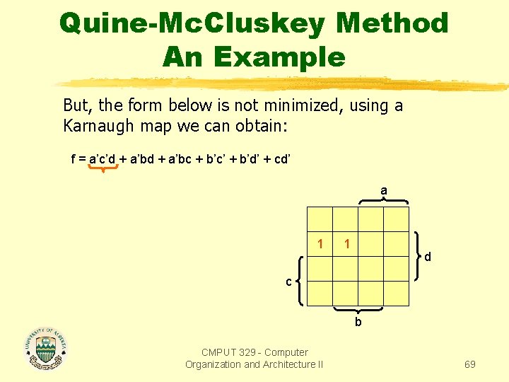 Quine-Mc. Cluskey Method An Example But, the form below is not minimized, using a