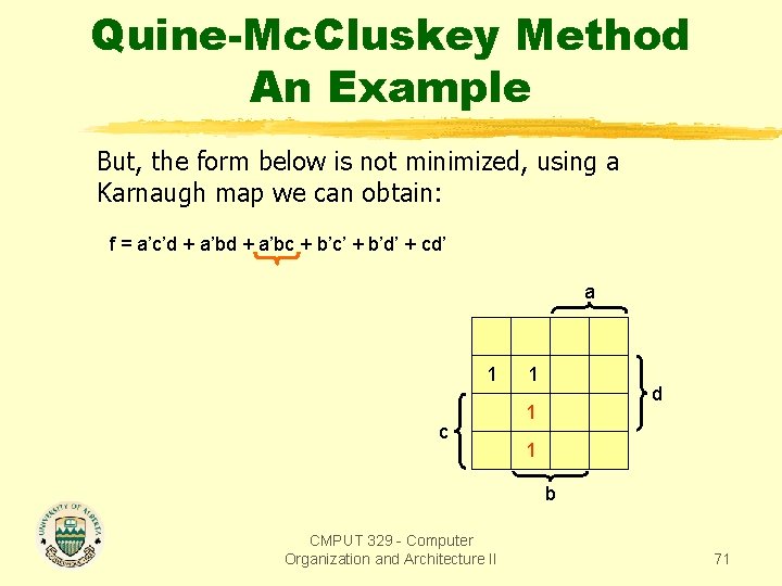 Quine-Mc. Cluskey Method An Example But, the form below is not minimized, using a