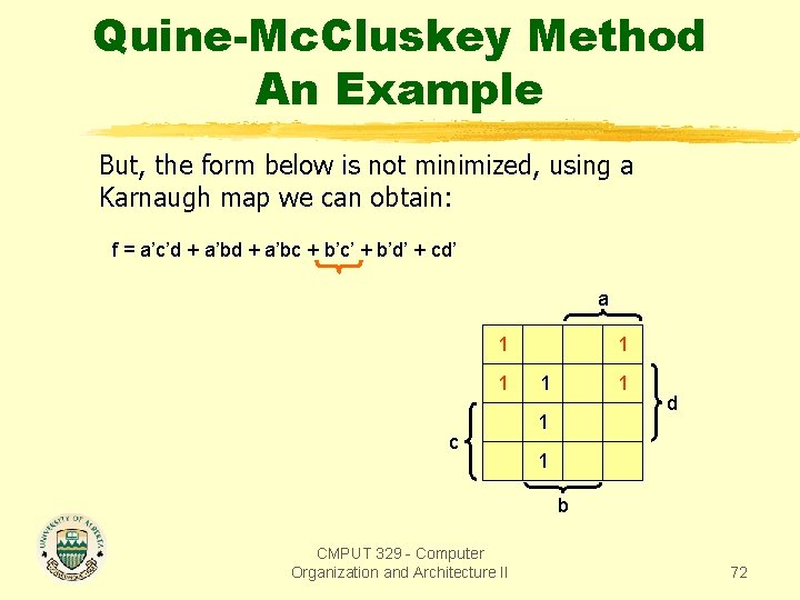 Quine-Mc. Cluskey Method An Example But, the form below is not minimized, using a