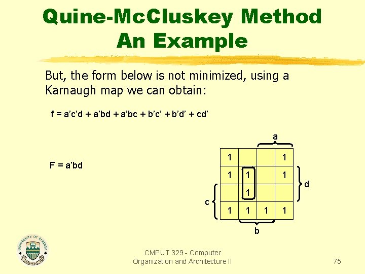 Quine-Mc. Cluskey Method An Example But, the form below is not minimized, using a