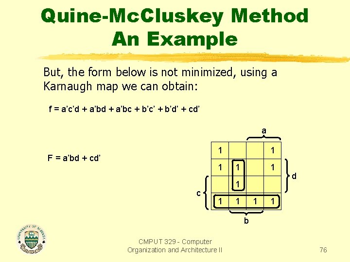 Quine-Mc. Cluskey Method An Example But, the form below is not minimized, using a