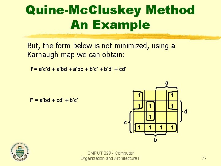 Quine-Mc. Cluskey Method An Example But, the form below is not minimized, using a