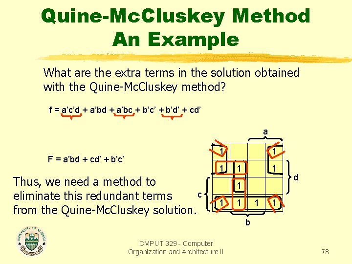 Quine-Mc. Cluskey Method An Example What are the extra terms in the solution obtained