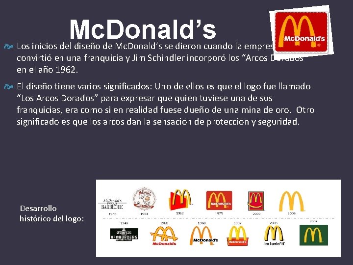 Mc. Donald’s Los inicios del diseño de Mc. Donald’s se dieron cuando la empresa