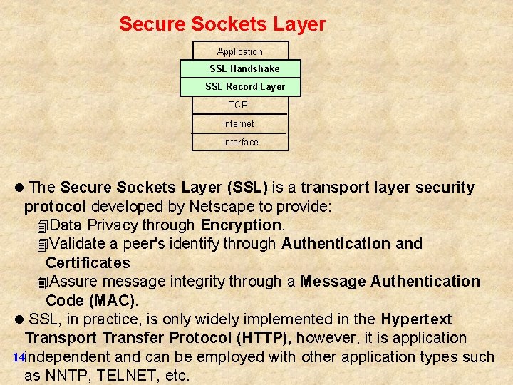 Secure Sockets Layer Application SSL Handshake SSL Record Layer TCP Internet Interface l The