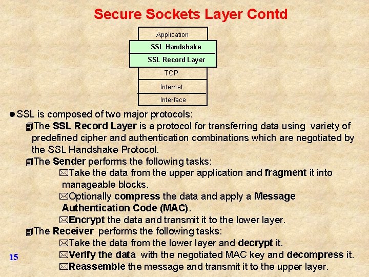 Secure Sockets Layer Contd Application SSL Handshake SSL Record Layer TCP Internet Interface l