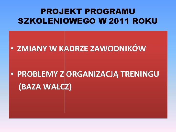 PROJEKT PROGRAMU SZKOLENIOWEGO W 2011 ROKU • ZMIANY W KADRZE ZAWODNIKÓW • PROBLEMY Z