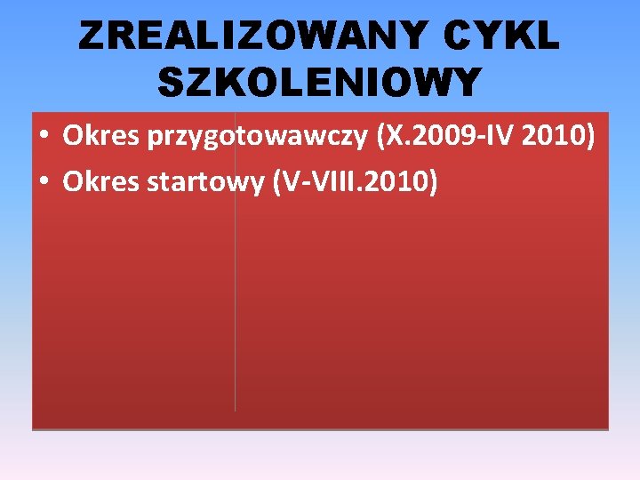 ZREALIZOWANY CYKL SZKOLENIOWY • Okres przygotowawczy (X. 2009 -IV 2010) • Okres startowy (V-VIII.