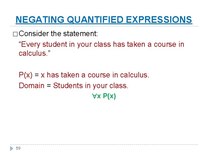 NEGATING QUANTIFIED EXPRESSIONS � Consider the statement: “Every student in your class has taken